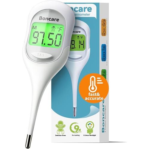 Boncare 9 Seconds Digital Basal Thermometer for Adults and Kids - Accurate Oral Thermometer with Fever Alarm, Rectal Thermometer for Baby with Large Display (Rice-White)