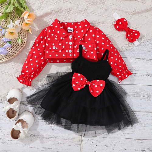 PatPat 3pcs Baby Girl 100% Cotton Long-sleeve Polka Dots Crop Jacket and Rib Knit Spliced Mesh Cami Fairy Dress with Headband Set