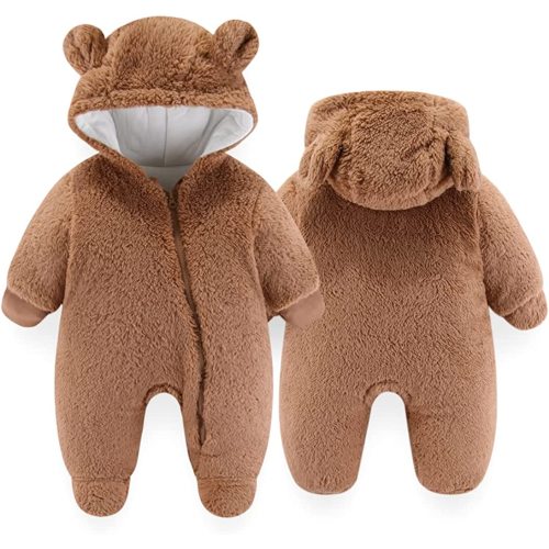 UVIPC Newborn Baby Fleece Footie Snowsuit Winter Onesie Cartoon Bear Warm Hooded Outfits for Girls Boys