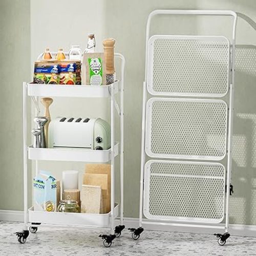 JAQ Foldable Rolling Cart, 3-Tier Metal Folding Storage Utility Carts Rack Organizer with Handle on Wheels for Snacks Books Fruits for Kitchen Laundry Room Bathroom - No Assembly (White, 3-Layer)