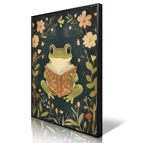 Frog Canvas Wall Art, Green Frog Reading A Book Poster, Rustic Nursery Animal Painting, Cozy Folk Art Print, Farmhouse Botanical Floral Painting for Kids Room 12x16in Unframed