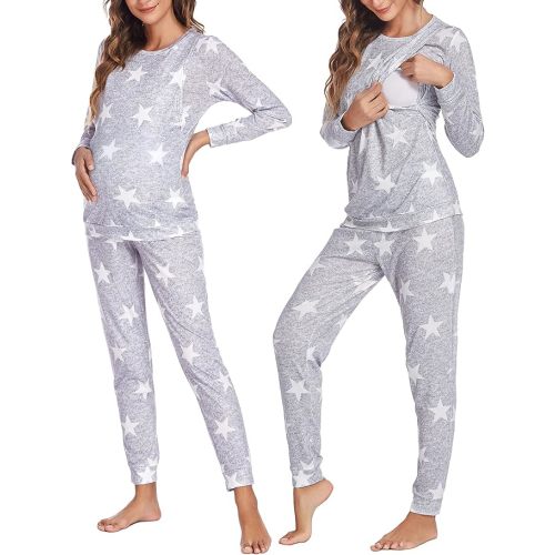 Ekouaer Nursing Pajama Set Long Sleeve Maternity Sleepwear Labor Delivery Pjs Breastfeeding Thermal Underwear Clothes - Strar Light Gray - Medium