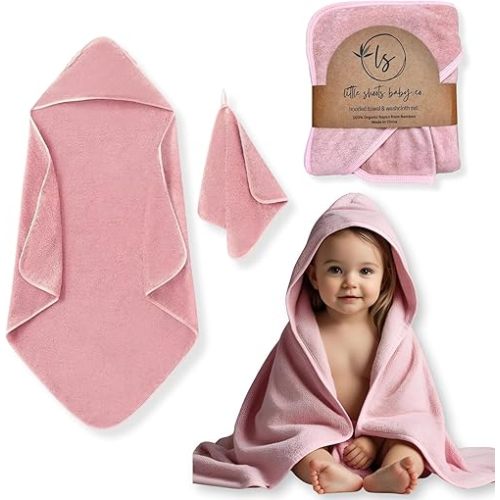 Baby Bath Towel with Hood and Washcloth Set, 100% Organic Rayon Made from Bamboo, Silky Soft and Absorbent, Large Size of 35" x 35" & 10" x 10" Baby Essential in Rose