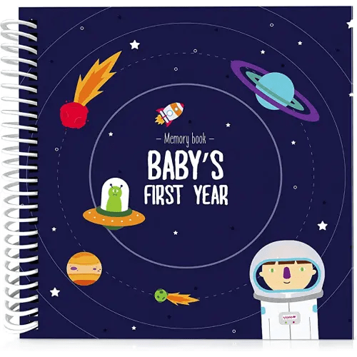 Astronaut Theme First Year Baby Memory Book | 12 Stickers Included | 1st Photo Album with stickers and frames to add your pictures in a gorgeous way | Outer Space Edition | Great Gift for new Moms