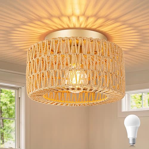 SineRise Rattan Ceiling Light Fixtures (12-Inch, LED Bulb Included), Hand-Woven Boho Flush Mount Ceiling Light, Rattan Chandelier for Hallway Kitchen Farmhouse Foyer Entryway Living Room(Gold)