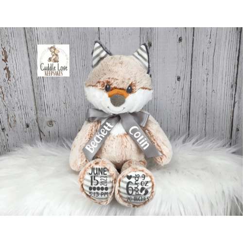 Fox Birth Stats Stuffed Animal, Personalized Plush Fox Birth Announcement, Custom Plush Fox Woodland Animals Nursery Theme Decor Birth Stats