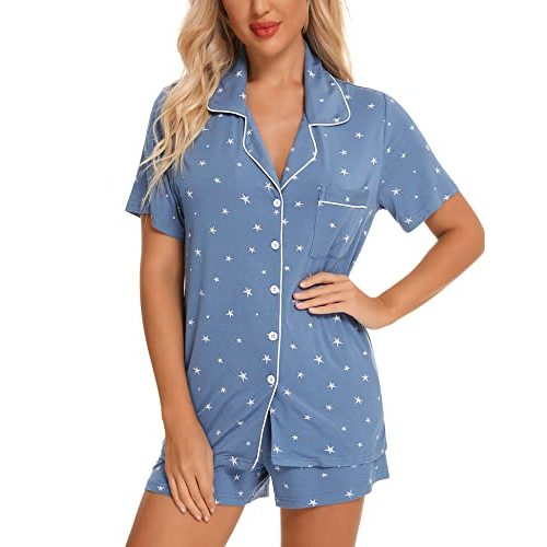Samring Womens Pajamas Set Short Sleeve Sleepwear Button Down Nightwear Shorts Soft Pj Sets S-XXL
