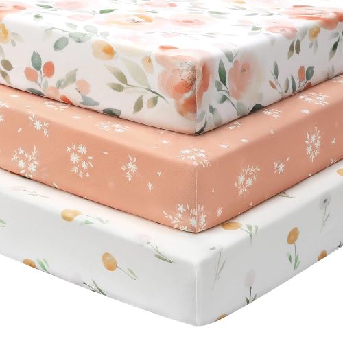 Baby Crib Sheets Girl, 3 Pack Toddler Bed Sheets for 52”x28” Standard Toddler Mattresses, Soft Microfiber Fitted Crib Sheets Neutral Orange Watercolor Flower