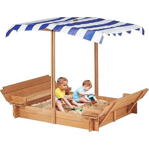 Kids Sandbox with Adjustable Cover and Foldable Bench Seats, 46''x46'' Outdoor Wooden Sandpit for Backyard Play