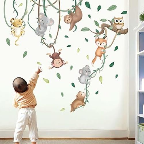 Baby Animals Wall Stickers for Nursery: Kids Boys Bedroom Classroom Daycare Wall Decals - Jungle Animals Climbing Tree Fox Giraffe Monkey Sloth Koala
