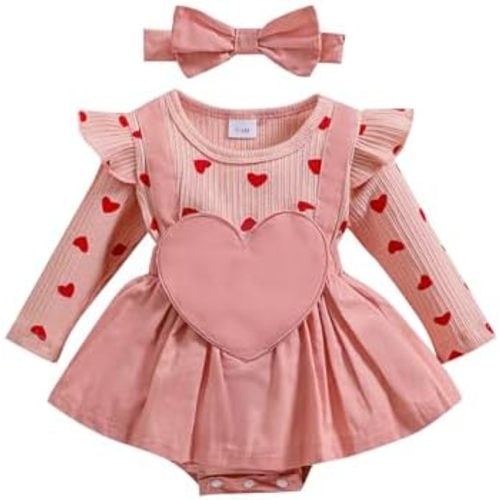 Baby Girls Valentines Day Outfit Heart Print Ribbed Long Sleeve Romper Dress Cute Headband Newborn Clothes
