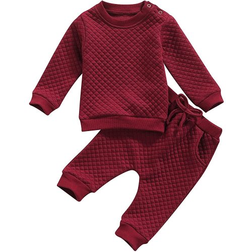 Newborn Baby Boy Girl Clothes Diamond Lattice Unisex Solid Outfit Long Sleeve Warm Pullover Pant Set