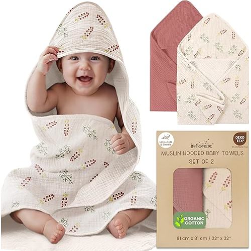 Toallas de muselina de algodón orgánico con capucha para bebé, 32 x 32 pulgadas, paquete de 2 toallas de baño para recién nacidos para niños y niñas, juego de baño suave y absorbente (rosa/floral)