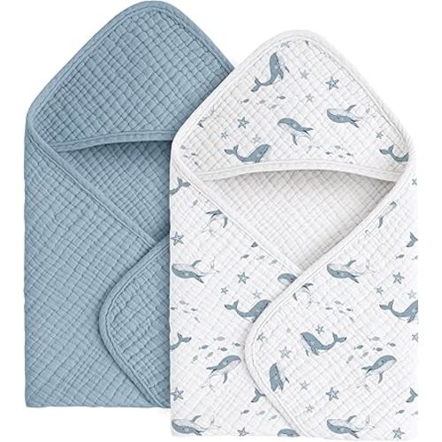 Konssy Muslin Hooded Baby Bath Towels 2-Pack, Soft & Absorbent, Square Shape with Hook, Ideal for Newborns & Infants (Blue, Blue Whale, 30'' x 30'')