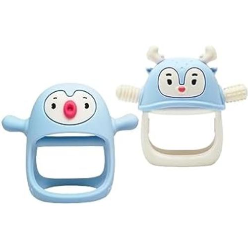 Smily Mia Baby Teething Toys, Penguin and Reindeer Gift Set for Teething Pain Relief, Hand Pacifier + Teether for 0-12 Months Babies, Light Blue