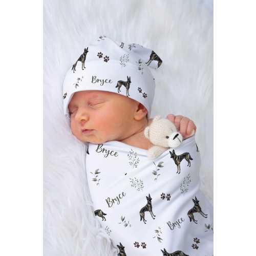 Dutch Shepherd Baby Swaddle Blanket Personalized Dutch Swaddle Custom Dog Baby Shower Gift Baby Boy Crib Bedding Baby Girl Name | Greenery