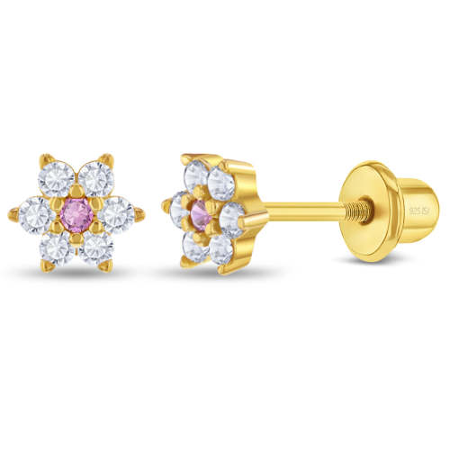 Flower CZ Baby / Toddler / Kids Earrings Screw Back - 14k Gold Over Sterling Silver