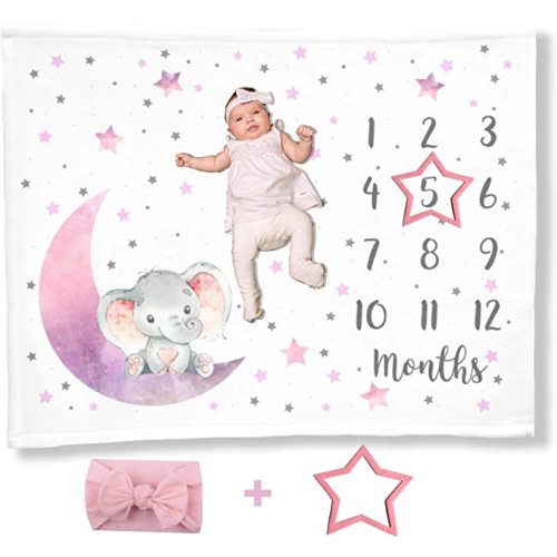 Elephant Moon Baby Milestone Blanket with Headband, First Year Calendar Monthly Growth Chart, Newborn Photo Prop Mat, Baby Girl Shower Gift, Stars Nursery (Pink, Minky 50x40) - Elephant-pink - Minky 50x40"