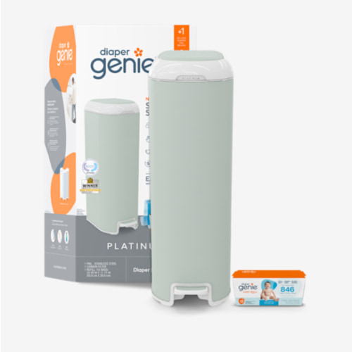 Diaper Genie Platinum Pail (Sage Green) is Made in Durable Stainless Steel and Includes 1 Easy Roll Refill with 18 Bags That can Last up to 5 Months.