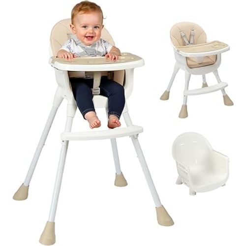 Ktaxon Silla alta 3 en 1 para bebé, silla alta portátil de altura ajustable con bandeja extraíble de doble capa, arnés de seguridad de 5 puntos y reposapiés para niños pequeños y bebés, color beige