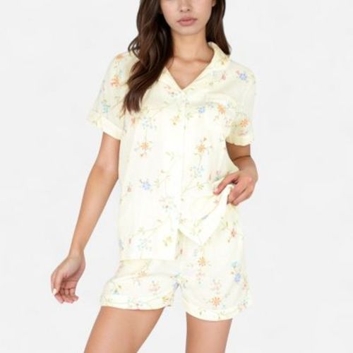 Anna-Kaci Lounge Women's Floral Short Sleeve Button-Up Pajama Shirt and Lounge Shorts Set with Rolled Cuffs - Medium, Light Beige