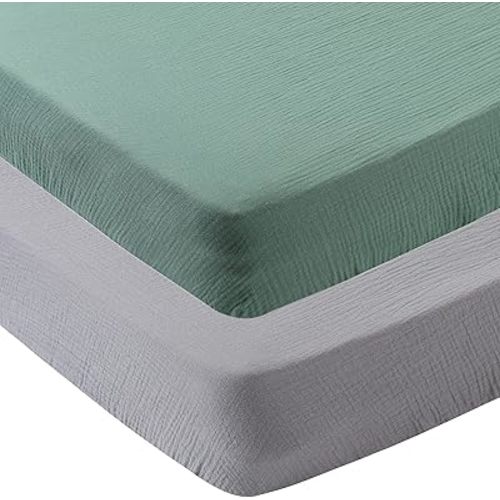 Onacosht Muslin Crib Sheets for Boys Girls, Soft Breathable 100% Cotton Baby Fitted Sheet 52" x 28" for Standard Toddler Crib Mattress, 2 Pack, Grey and Green