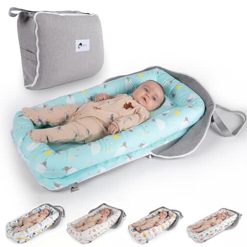 Joyful Journeys Baby Lounger - 2 in 1 Infant Lounger Baby Nest/Diaper Organizer - 100% Cotton Lounger Pillow - Portable Baby Lounger Travel Bed - Newborn Essential - 0-18 Months (Blue Lambs)