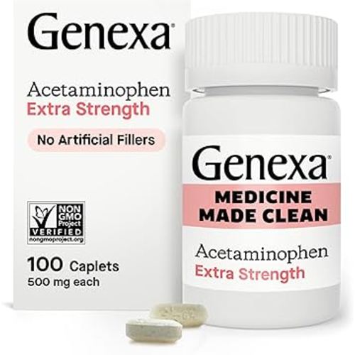 Genexa Clean Acetaminophen Extra Strength, Dye Free Pain Reliever & Fever Reducer, 0% Artificial Additives, Pain Relief for Headache, Backache, Toothache, & Minor Arthritis, 500mg, 100 Caplets