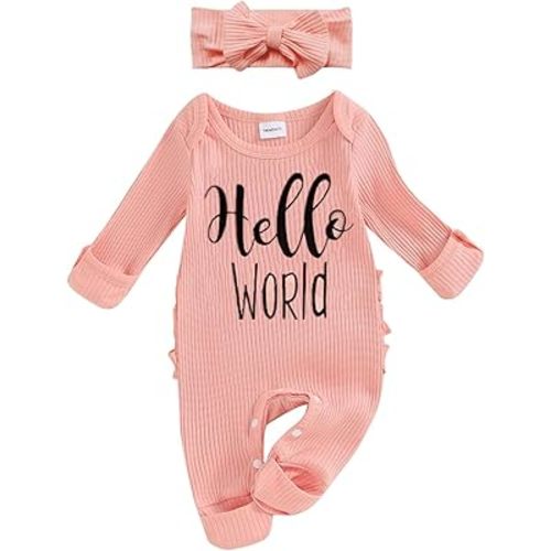 FIOMVA Im New Here Newborn Outfit Girl Long Sleeve Letter Romper Ribbed Knit Jumpsuit Baby Girl Preemie Coming Home Outfit