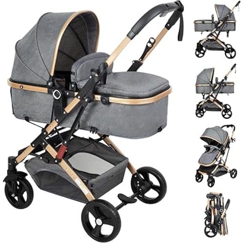 2 in 1 Baby Stroller Newborn Stroller Foldable Convertible Infant Stroller Pushchair Folding High Landscape Infant Carriage,Toddler Pushchair Gray Baby Stroller