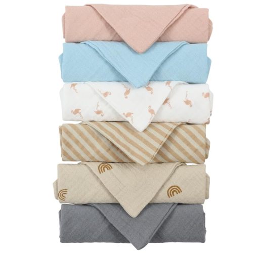 Kjuti Baby Organic Muslin 100% Cotton Washcloths - 4 Layer Hypoallergenic Saliva Soothe Body Face Towel- aprox 9x9 inch -Newborn Essentials - Boys and Girls (6Pack Random Colors)