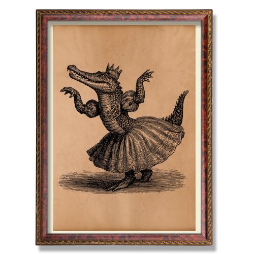 Vintage Ballerina Crocodile Art Print – Whimsical Animal Wall Art, Ballet Reptile Illustration, Surreal Creature Decor