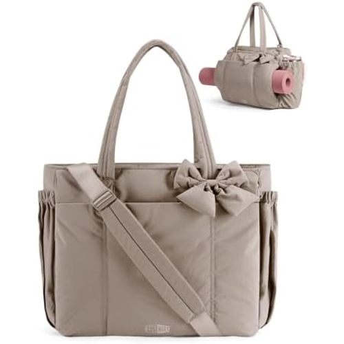 BAGAMSRT Crush Bow Tote Bag for Women, Large Work Tote with 40oz Tumbler, Puffer Travel Tote Bag for Work, Yoga, Gym