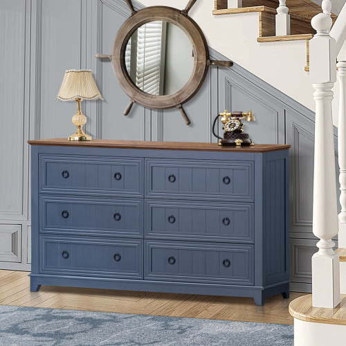6 Drawer Dresser, Mid Century Modern Dresser with Storage, 54" Wide Chest of Drawers with Wood Grain Texture for Bedroom, Living Room, Hallway, Blue
