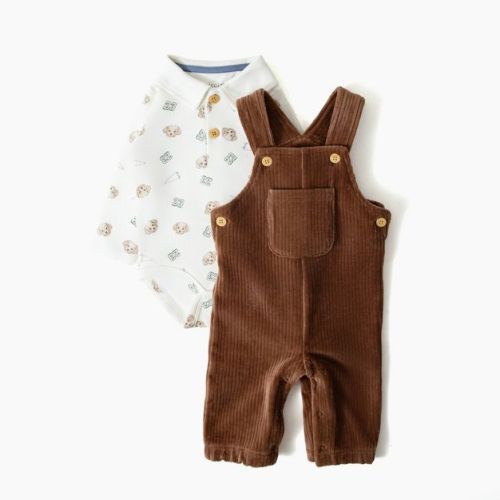 Picolette by Olivia Culpo Baby Boys' Oliver Dog 2pc Long Sleeve Bodysuit and corduroy Overalls Set - Brown/White Newborn