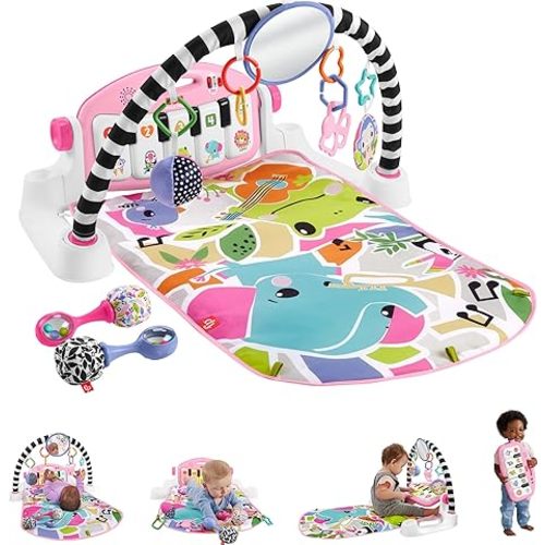 Fisher-Price Baby Gift Set Glow and Grow Kick & Play Piano Gym Pink Playmat & Musical Learning Toy with 2 Rattle Maracas for Newborns Ages 0+ Months