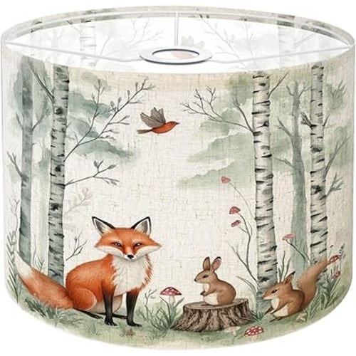 Drum Lamp Shade Fairy Forest Woodland Pine Tree Animal Watercolor Cute Fox Bunny Lampshade 8.9"x11"x11" for Table Lamps Floor Lamps Pendant Light Replacement Linen Lamp Shade Assembly Required