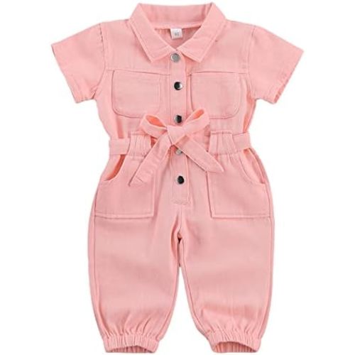 Mubineo Toddler Baby Girl Summer Fall Basic Plain Short Sleeve Cotton Linen Drawstring Romper Jumpsuit