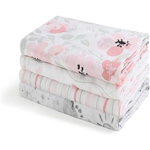 Baby Muslin Swaddle Blankets for Baby Boys and Girls,4-Pack Breathable and Skin-Friendly Baby Receiving Blankets Swaddle Wrap,100% Cotton Swaddling Blankets ,Large 47 x 47 inches - Pink Flowers