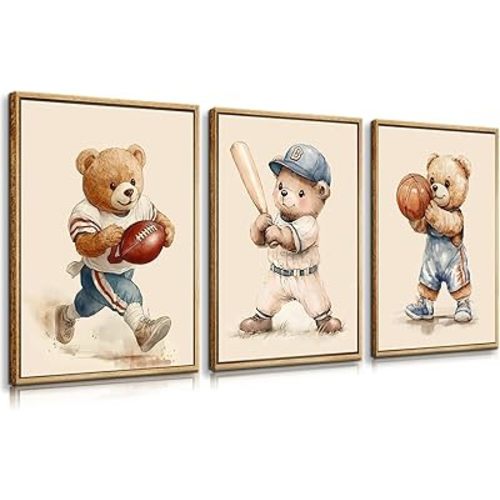 3 Pcs Nursery Bear Wall Art Boys Sports Canvas Wall Decor Vintage Cute Animal Poster Prints Kids Room Painting Pictures for Living Room Bedroom (12x16in Poster)