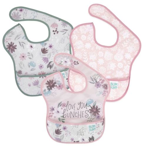 Bumkins Bibs for Girl or Boy, SuperBib Baby and Toddler for 6-24 Months, Essential Must Have for Eating, Feeding, Baby Led Weaning Supplies, Mess Saving Catch Food, Fabric 3-pk Floral and Lace