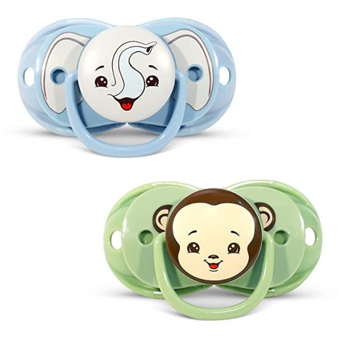 RaZbaby Keep-it-Kleen Baby Pacifier 2 Pack, 0-36M (Infant-3 yrs), Closes Automatically When Dropped, Silicone Orthodontic Nipple Stays Clean, Built-in Shield/Case, Easy to Clean – Monkey/Elephant