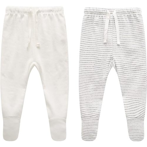 Owlivia Organic Baby Pant Legging Jogger for Infant, Baby Boy, Baby Girl, Toddler - 0-3 Months - White & Grey Stripes