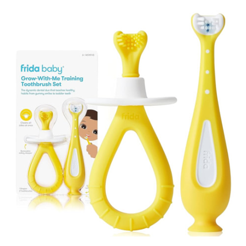 Frida Baby Grow-with-Me Baby Toothbrush Training Set | Infant to Toddler Toothbrush 0-12 months, Cleans All Sides at Once, Oral Care for Sensitive Gums | Yellow