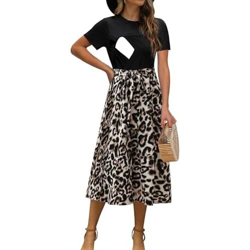 Women Nursing Dress Short Sleeve Floral Patchwork Ribbed Pregnancy Tie Waist Work Outfits Summer