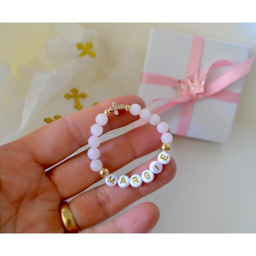 18K Gold Cross Rose Quartz  Baby Bracelet, Personalized Girls Name Jewelry, Baptism, First Communion and Baby Shower Gift