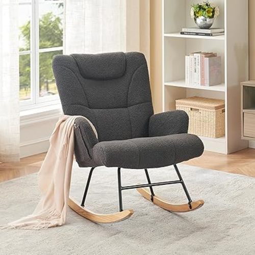 Rocking Chair Nursery, Teddy Upholstered Glider Rocking Chair with Pocket & High Backrest, Rocking Chair with Padded Seat, Modern Rocking Recliner Chair for Living Room，Nursery, Bedroom