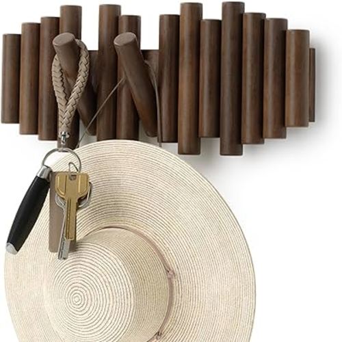Umbra Picket Wall-Mounted Coat Rack Rail Hook with 5 Retractable Wood Pegs – Modern, Space-Saving Storage Organizer, Walnut