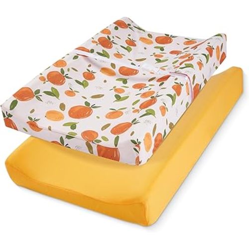 TILLYOU Changing Pad Cover Set in Soft Jersey Material - Fits 32"/34''x16 Contoured Pad for Babies, Orange Flavour & Orange