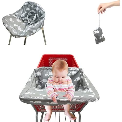 Pozico Baby Shopping Cart Cover for Baby Girl or Boy, Machine Washable/Portable with Carry Bag- White Elephant, Grey